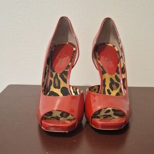 Jessica Simpson Josette Really Red Patent Peep-Toe Heels with Leopard Insole